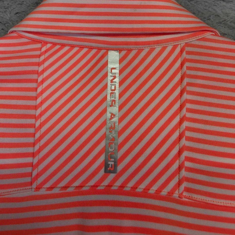 Under Armour Golf Polo Shirt Mens XL Orange Green Striped Stretch Sports Outdoor